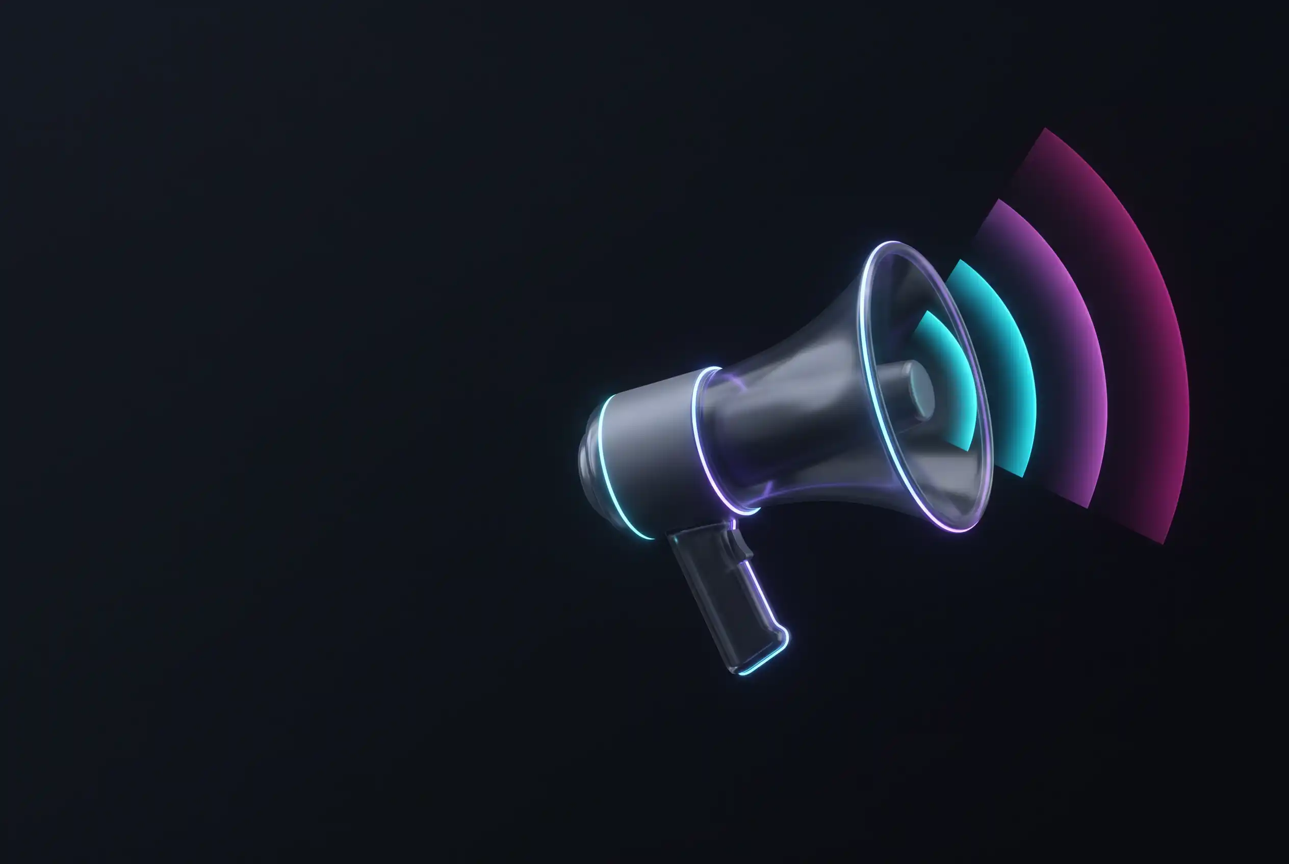 Digital marketing services, a neon megaphone with widening arcs of cyan and magenta light