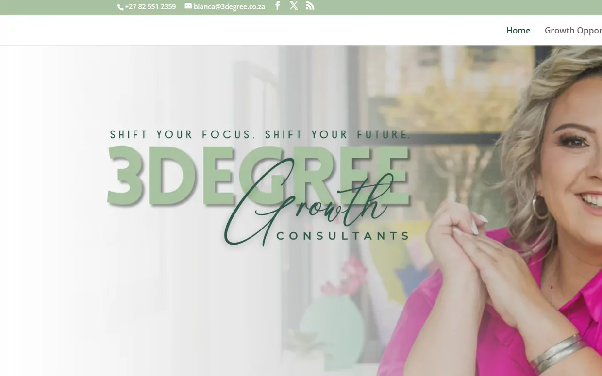3Degree Growth Consultants website homepage, showing the consultant beside the 3Degree Growth wordmark