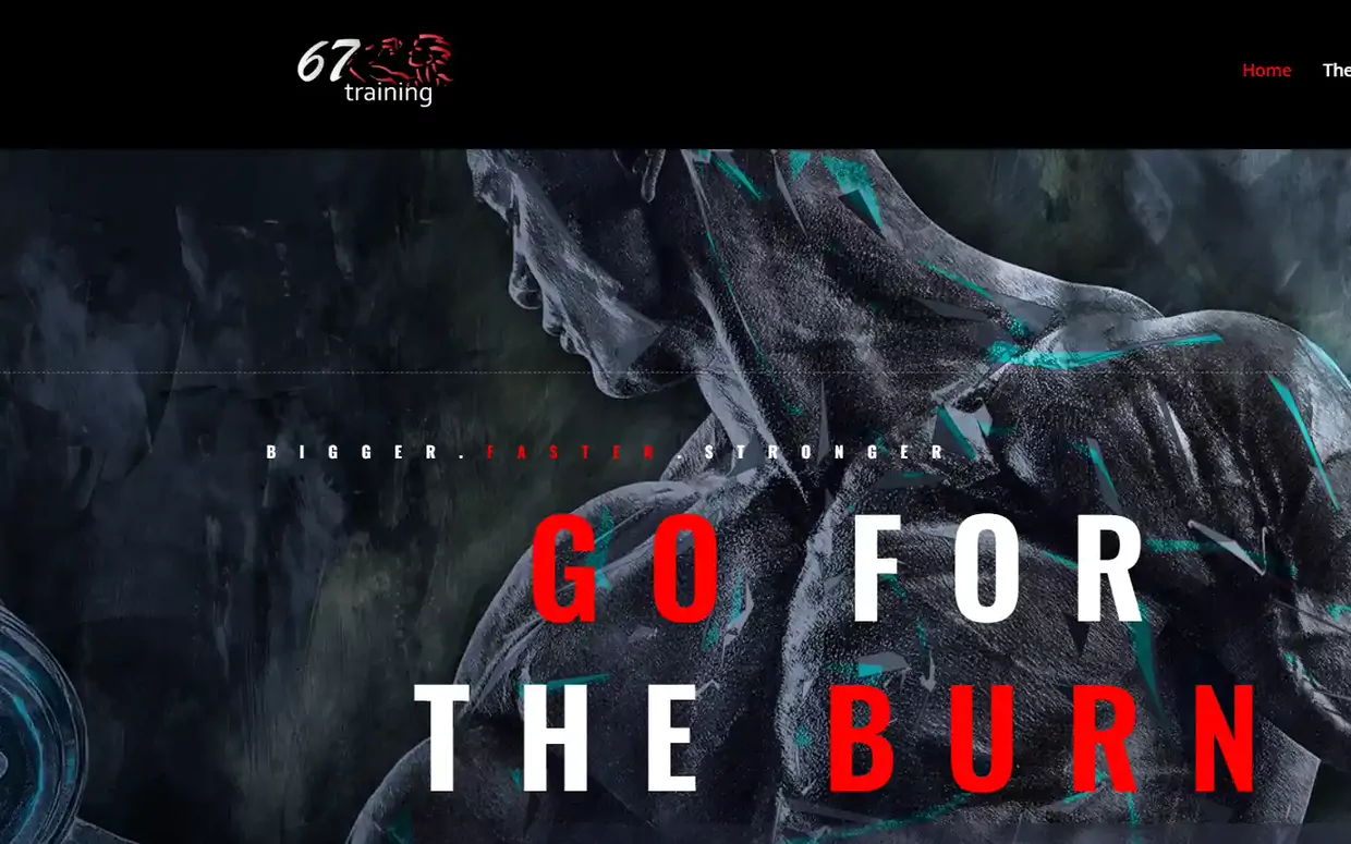67 Training website homepage, showing an athlete mid lift behind the headline Go For The Burn