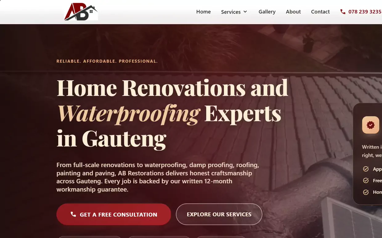 AB Restorations website homepage, showing a tiled roof behind the headline Home Renovations and Waterproofing Experts in Gauteng