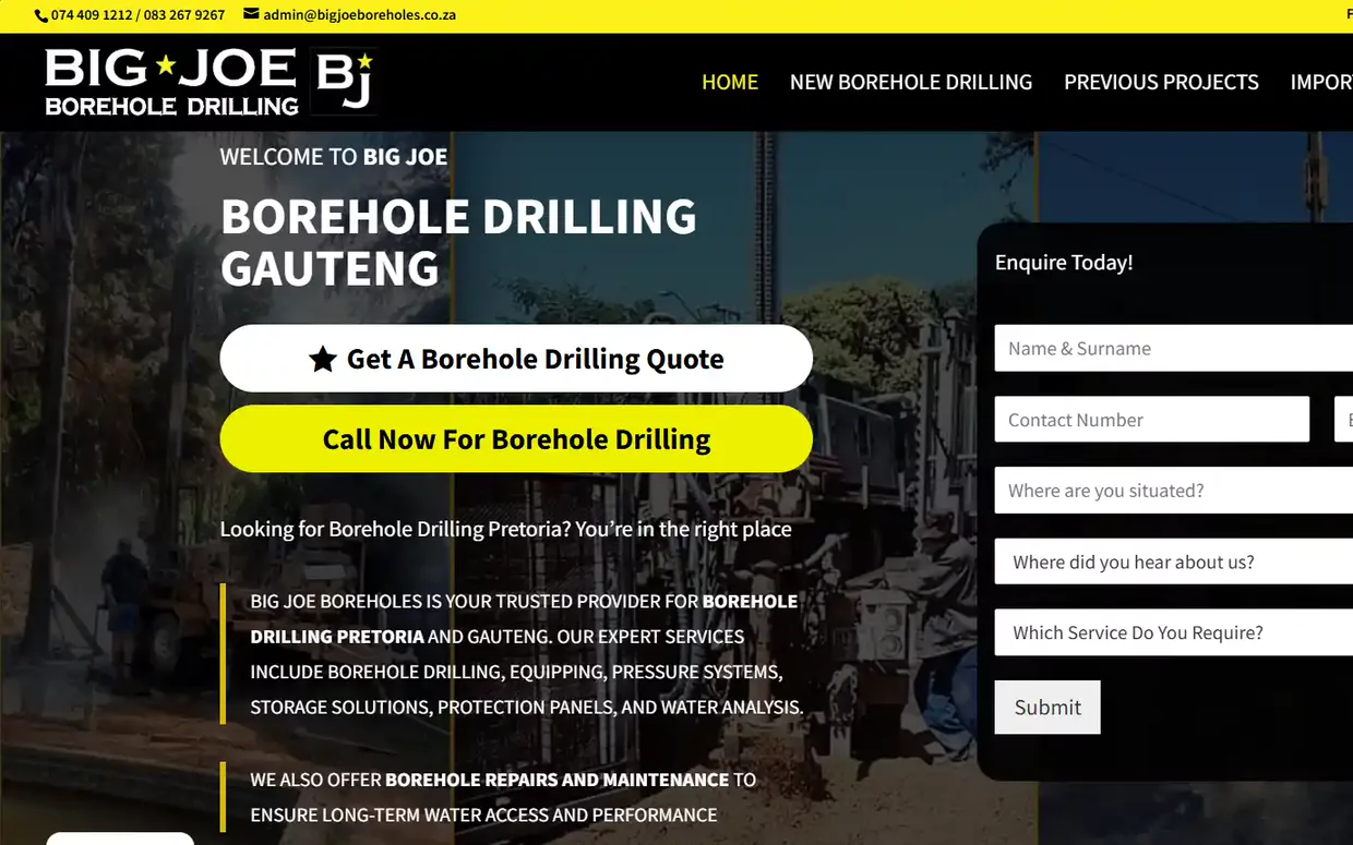 Big Joe Boreholes website homepage, showing a drilling rig on site beside an enquiry form and the headline Borehole Drilling Gauteng