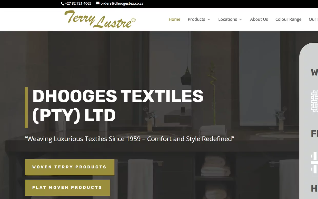 Dhooges Textiles website homepage under the Terry Lustre brand, showing folded towels beside a product index of woven terry and flat woven ranges