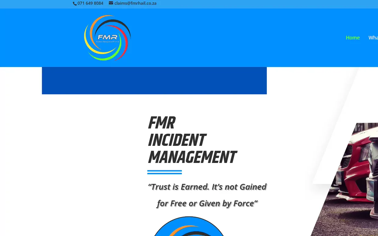 FMR Incident Management website homepage, showing a row of damaged vehicles beside the headline FMR Incident Management