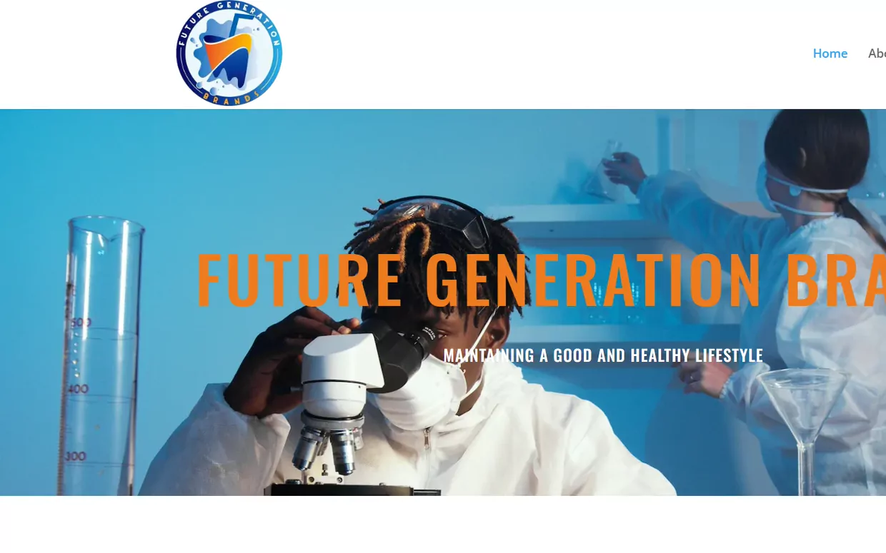 Future Generation Brands website homepage, showing laboratory work behind the headline Future Generation Brands