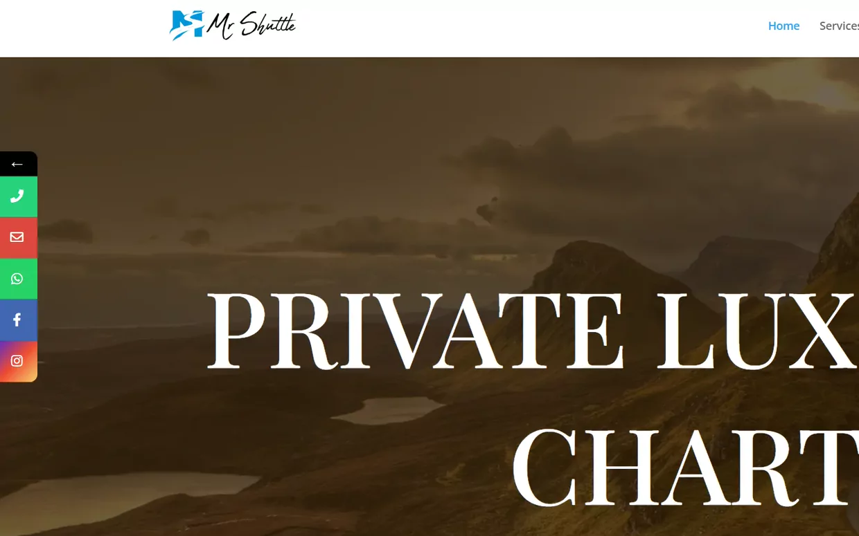 Mr Shuttle website homepage, showing a mountain road at dusk behind the headline Private Luxury Charters