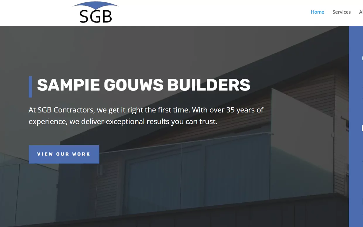 SGB Contractors website homepage, showing a finished building behind the headline Sampie Gouws Builders