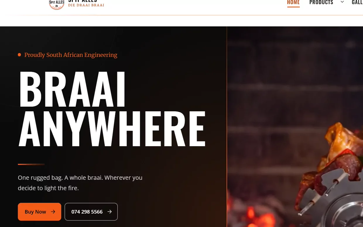 Spit Alles website homepage, showing a loaded spit braai over coals beside the headline Braai Anywhere